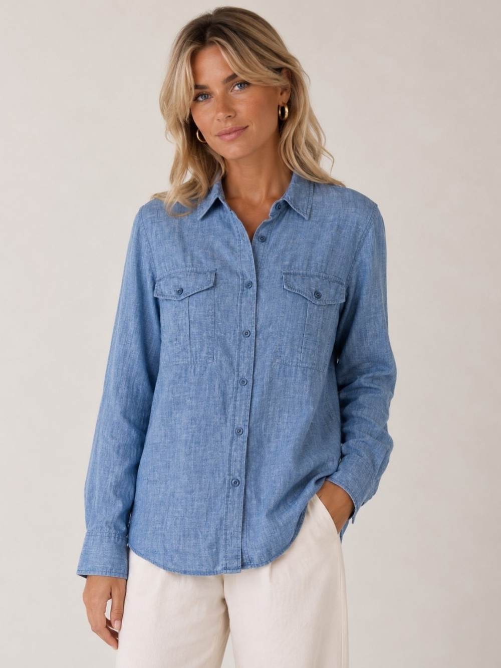 ORVIS Linen Shirt Womens Size 12 Blue Coastal Casual Roll Tab Sleeves Button